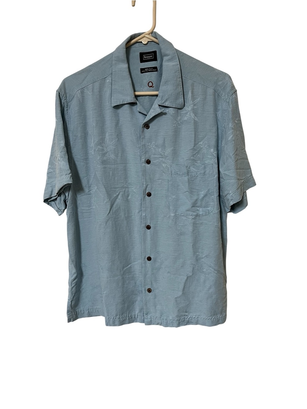 Haggar Shirt Mens L Blue 100% Silk Floral Camp Hawaiian Shirt Wooden Buttons